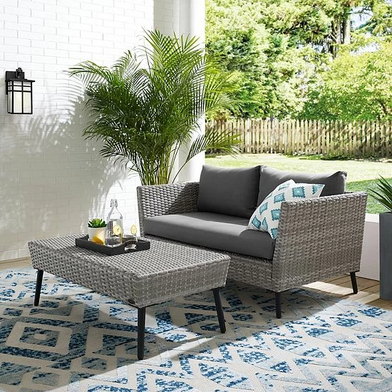 Crosley Richland Outdoor Wicker Loveseat & Coffee Table 2-piece Set - Image 2
