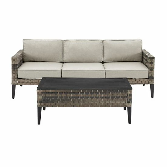 Crosley Prescott Wicker Patio Couch & Coffee Table 2-piece Set Taupe - Image 2