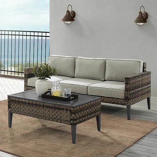 Crosley Prescott Wicker Patio Couch & Coffee Table 2-piece Set Taupe - Image 6