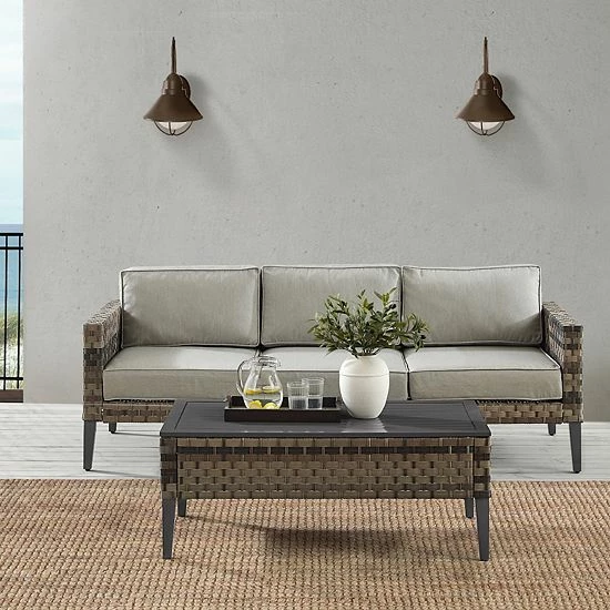 Crosley Prescott Wicker Patio Couch & Coffee Table 2-piece Set Taupe - Image 7