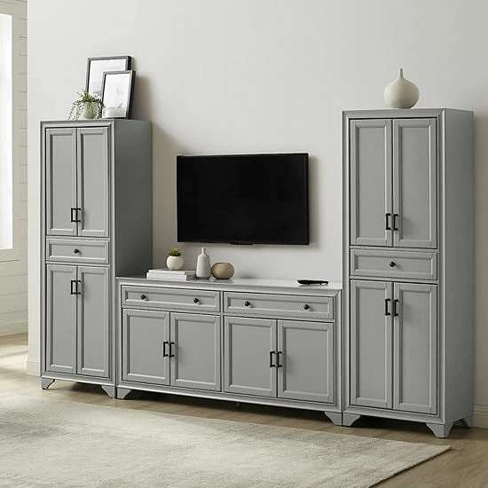 Crosley Tara Entertainment TV Stand & Storage Cabinet 3-piece Set Distressed White - Image 5