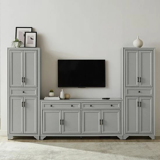 Crosley Tara Entertainment TV Stand & Storage Cabinet 3-piece Set Distressed White - Image 6