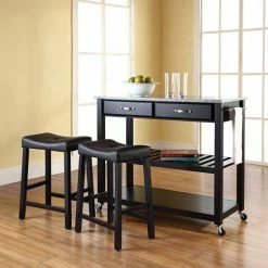 Crosley Furniture 3-piece Granite Top Kitchen Island Cart & Counter Stool Set Black