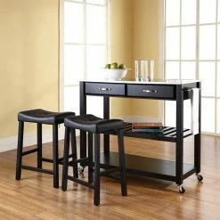 Crosley Furniture 3-piece Stainless Steel Top Kitchen Island Cart & Counter Stool Set Black