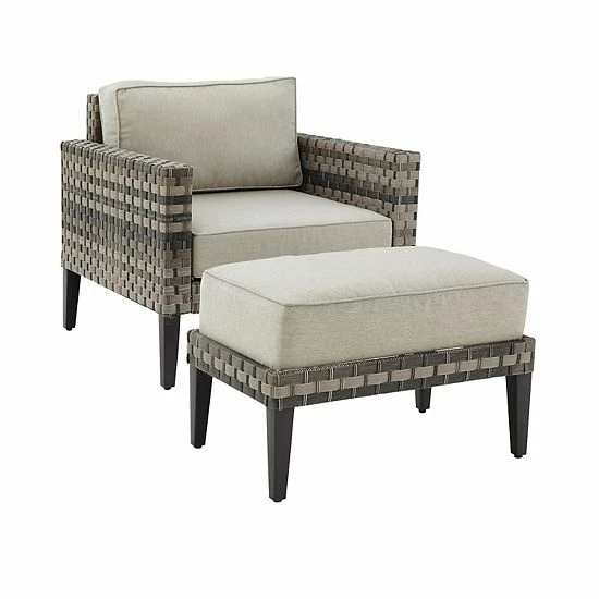 Crosley Prescott Wicker Patio Arm Chair & Ottoman 2-piece Set Taupe