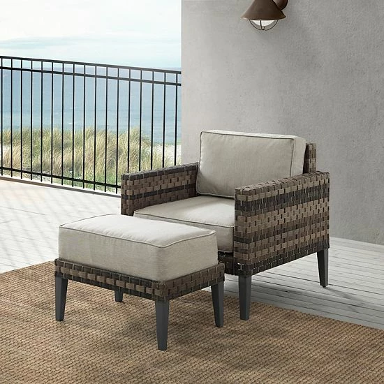 Crosley Prescott Wicker Patio Arm Chair & Ottoman 2-piece Set Taupe - Image 6