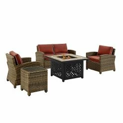 Crosley Bradenton Wicker Patio Loveseat, Arm Chair, End Table & Fire Pit 5-piece Set Weathered Brown Sand