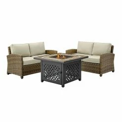 Crosley Furniture Bradenton 3 Piece Outdoor Loveseat Wicker Seating Set With Navy Cushions Weathered Brown Sand