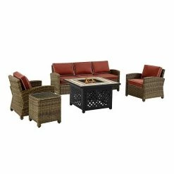 Crosley Furniture Bradenton 5-Piece Outdoor Wicker Conversation Set With Navy Cushions Weathered Brown Sand