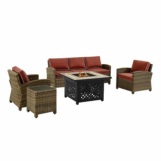 Crosley Furniture Bradenton 5-Piece Outdoor Wicker Conversation Set With Navy Cushions Weathered Brown Sand
