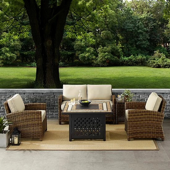 Crosley Furniture Bradenton 5-Piece Outdoor Wicker Conversation Set With Navy Cushions Weathered Brown Sand - Image 2
