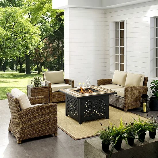 Crosley Furniture Bradenton 5-Piece Outdoor Wicker Conversation Set With Navy Cushions Weathered Brown Sand - Image 3