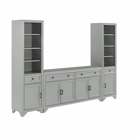 Crosley Tara Sideboard & Bookcase 3-piece Set Distressed Gray