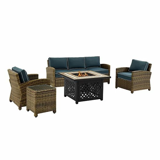 Crosley Furniture Bradenton 5-Piece Outdoor Wicker Conversation Set With Navy Cushions Weathered Brown Sand - Image 5