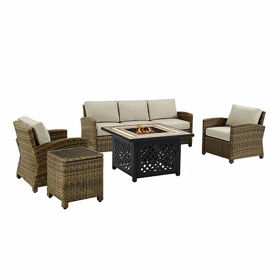 Crosley Furniture Bradenton 5-Piece Outdoor Wicker Conversation Set With Navy Cushions Weathered Brown Sand - Image 6