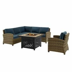 Crosley Furniture Bradenton 5-Piece Outdoor Wicker Seating Set With Sand Cushions Weathered Brown Navy