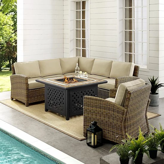 Crosley Furniture Bradenton 5-Piece Outdoor Wicker Seating Set With Sand Cushions Weathered Brown Navy - Image 4