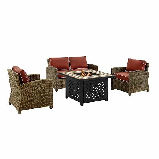 Crosley Furniture Bradenton 4 Piece Outdoor Wicker Seating Set With Sand Cushions Weathered Brown Red - Image 6