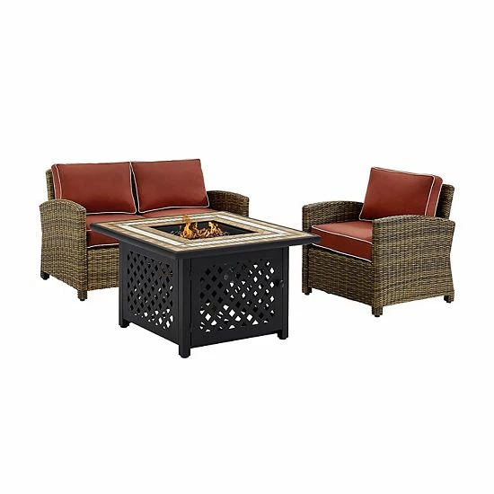 Crosley Furniture Bradenton 3 Piece Outdoor Wicker Seating Set With Sand Cushions Weathered Brown Sand