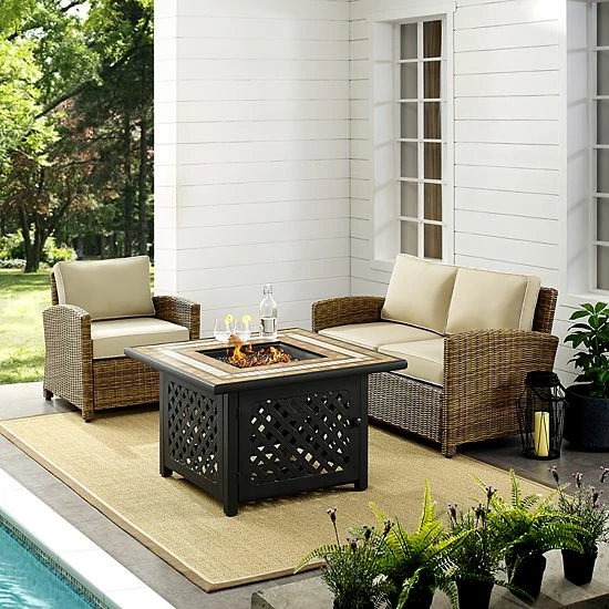 Crosley Furniture Bradenton 3 Piece Outdoor Wicker Seating Set With Sand Cushions Weathered Brown Sand - Image 3