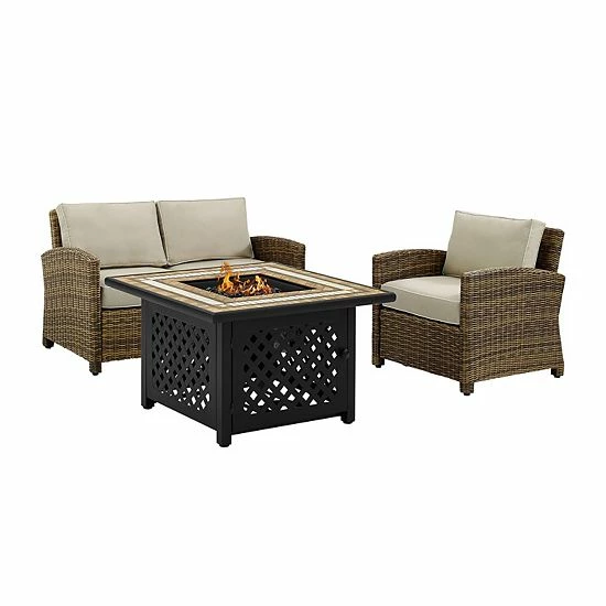 Crosley Furniture Bradenton 3 Piece Outdoor Wicker Seating Set With Sand Cushions Weathered Brown Sand - Image 5